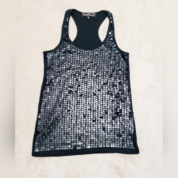 Almost Famous Womans Size M Black Racerback Tank top Sequin Sparkly Embellished - Picture 6 of 11